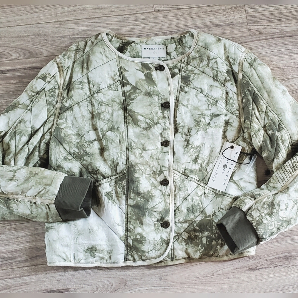 Marrakech Quilted Edgy Tie Dye Moto Jacket, Olive/Cream, Filled, Med. NWT